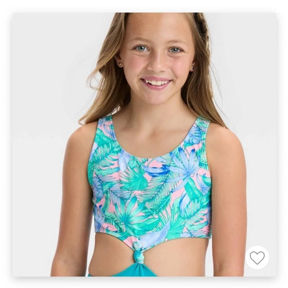 Art Class Girls' Floral Printed Tropical Twist Swimsuit  Light Blue L(10/12) - Picture 5 of 7